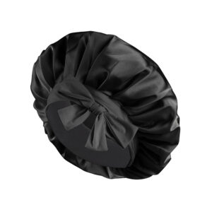 Kids Shower Caps, Soft Silk Bonnet Elastic Night Hats, Wide Band Silk Sleep Cap for Curly Hair (Black)