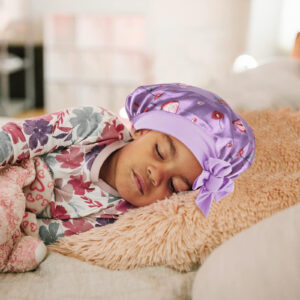 Pack Satin Silk Bonnet Hair Cap for Kids, Adjustable Sleep Bonnet with Elastic Tie, Double Layer Night Hair Hats for Teens (Pink, Purple)