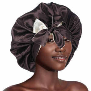 Silk Bonnet for Sleeping Women, Double Layer Satin Hair Bonnet with Tie Band, Silk Sleep Cap for Curly Hair and Braids (Brown)