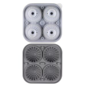 Large Silicone Ice Cube Tray, 4 Round Slots Ice Cube Trays for Freezer with Lid, Leak-Free Ice Ball Maker Mold for Whiskey, Cocktails, Bourbon (Grey)