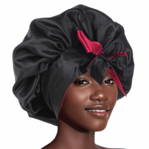 Silk Bonnet for Sleeping Women, Double Layer Satin Hair Bonnet with Tie Band, Silk Sleep Cap for Curly Hair and Braids (Black)